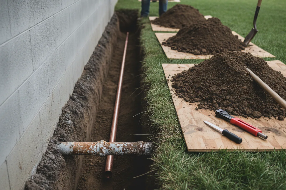 Excavated water line trench during Water Softener Installation in Joplin